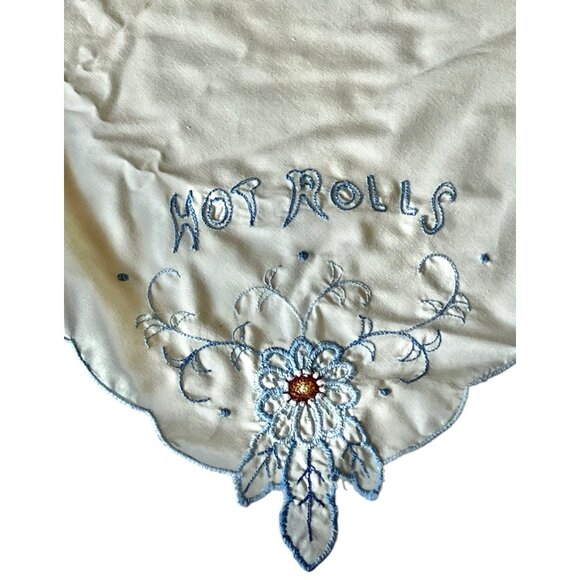 Vintage Embroidered Hot Rolls Bread Warmer Towel 22.5" X 23" Floral White & Blue - Picture 2 of 6